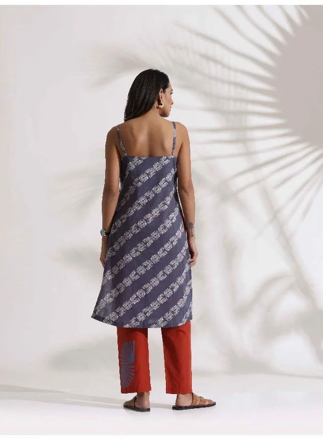 trueBrowns trueBrowns Grey Cotton Print Highslit Kurta Set