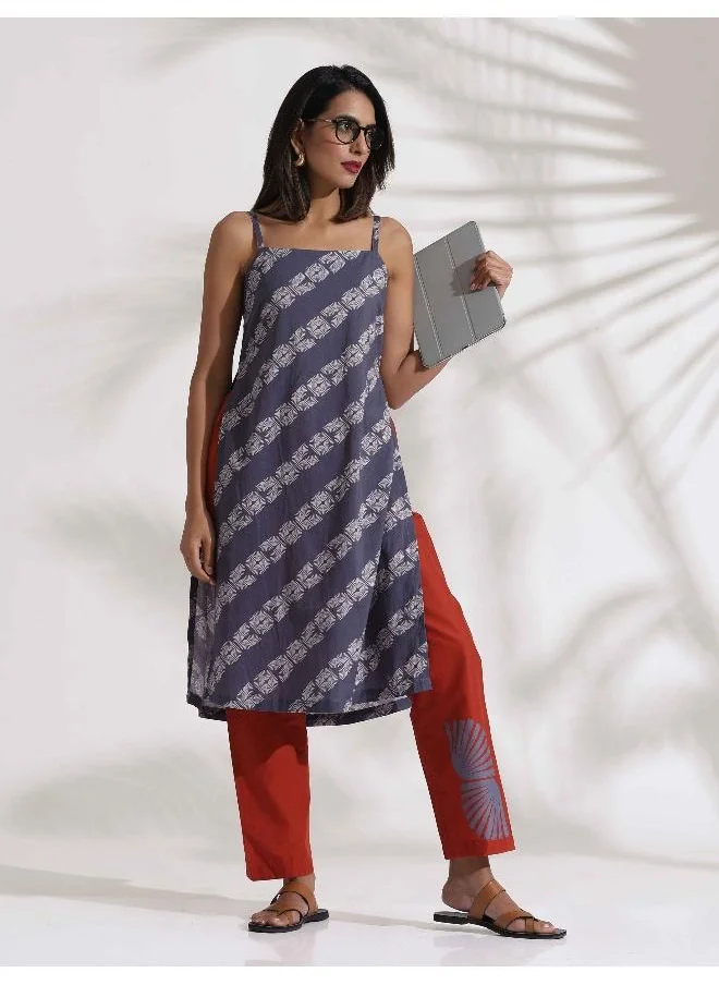 ترو برونز trueBrowns Grey Cotton Print Highslit Kurta Set