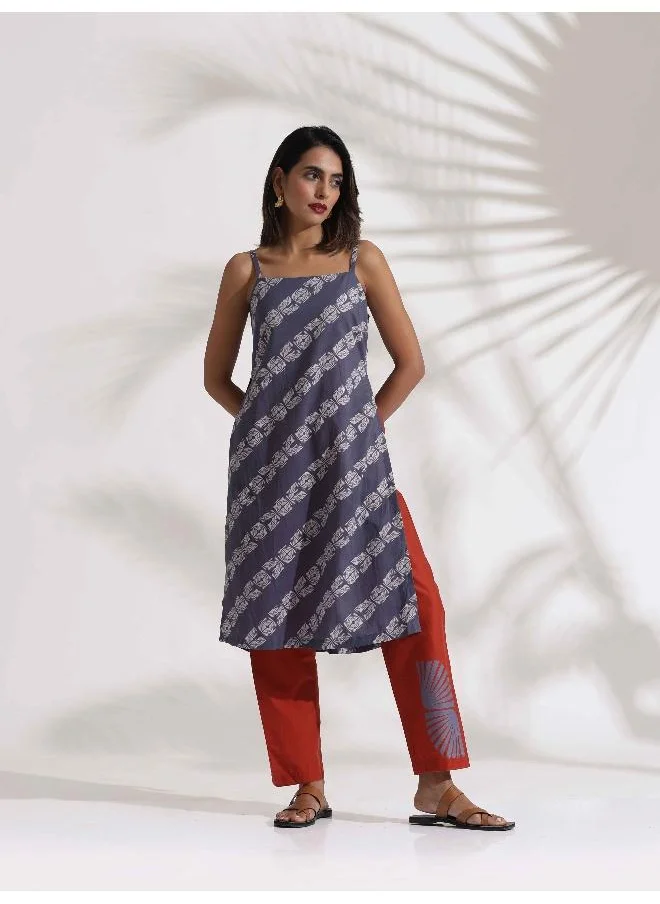 ترو برونز trueBrowns Grey Cotton Print Highslit Kurta Set