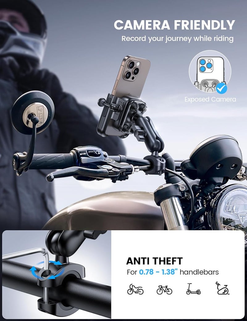 Lamicall Motorcycle Phone Mount Holder - [All Metal] [Anti Shake] [Extendable Arm] Bike Phone Holder Handlebar Clamp, Bicycle Cell Phone Mount, for iPhone 17 16 Pro Max, 15 14, Galaxy, 4.7-7.2" Phones - Image 3