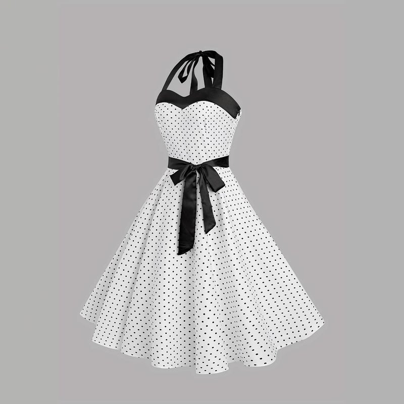 Polka Dot Halter Neck Dress with Belt - Image 2