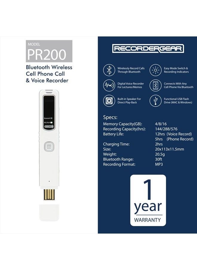 RECORDERGEAR - PR200 Bluetooth Cell Phone Call Recording Device, iPhone and Android Mobile Recorder - Image 1