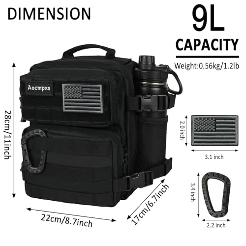Aocmpxs Mini Tactical Backpack 9L Small Gym Backpacks Sport Bag for Men Women Molle Military Pack with US Flag Patch and Carabiner Black - Image 3