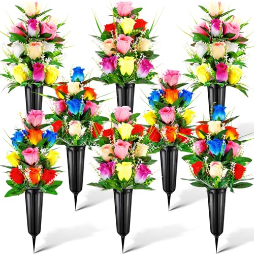 Quzzil 8 Set 16 Pcs Cemetery Vase with Flowers for Grave Memorial Artificial Floral Bouquet Funeral Gravesite Flowers for Outdoor Cemetery Headstones Lawn Yard Easter Decoration(Vivid Color) - Image 1