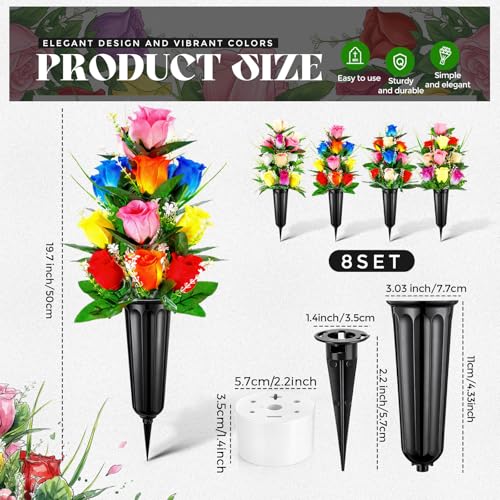 Quzzil 8 Set 16 Pcs Cemetery Vase with Flowers for Grave Memorial Artificial Floral Bouquet Funeral Gravesite Flowers for Outdoor Cemetery Headstones Lawn Yard Easter Decoration(Vivid Color) - Image 2