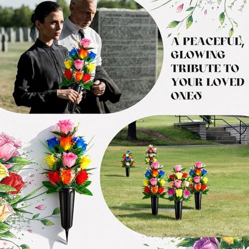 Quzzil 8 Set 16 Pcs Cemetery Vase with Flowers for Grave Memorial Artificial Floral Bouquet Funeral Gravesite Flowers for Outdoor Cemetery Headstones Lawn Yard Easter Decoration(Vivid Color) - Image 4