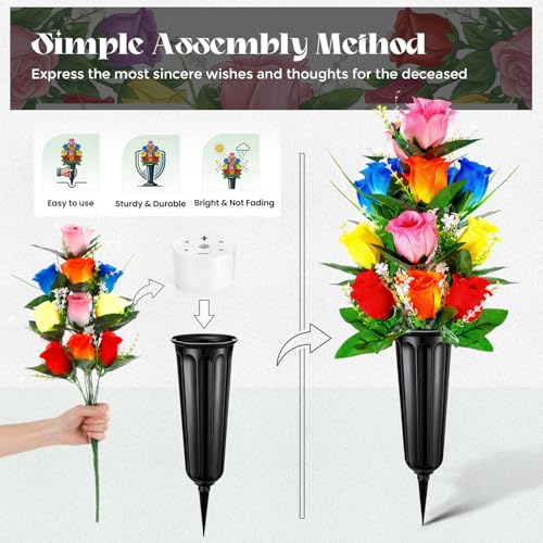 Quzzil 8 Set 16 Pcs Cemetery Vase with Flowers for Grave Memorial Artificial Floral Bouquet Funeral Gravesite Flowers for Outdoor Cemetery Headstones Lawn Yard Easter Decoration(Vivid Color) - Image 5