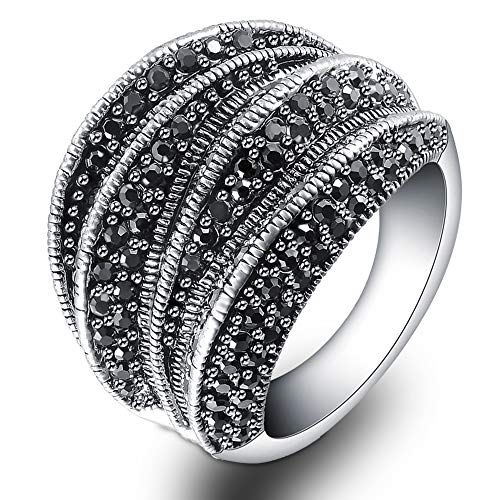 Mytys Marcasite Rings for Women Retro Black Onyx Cocktail Band Ring Statement Rings for Women (marcasite size 6) - Image 1