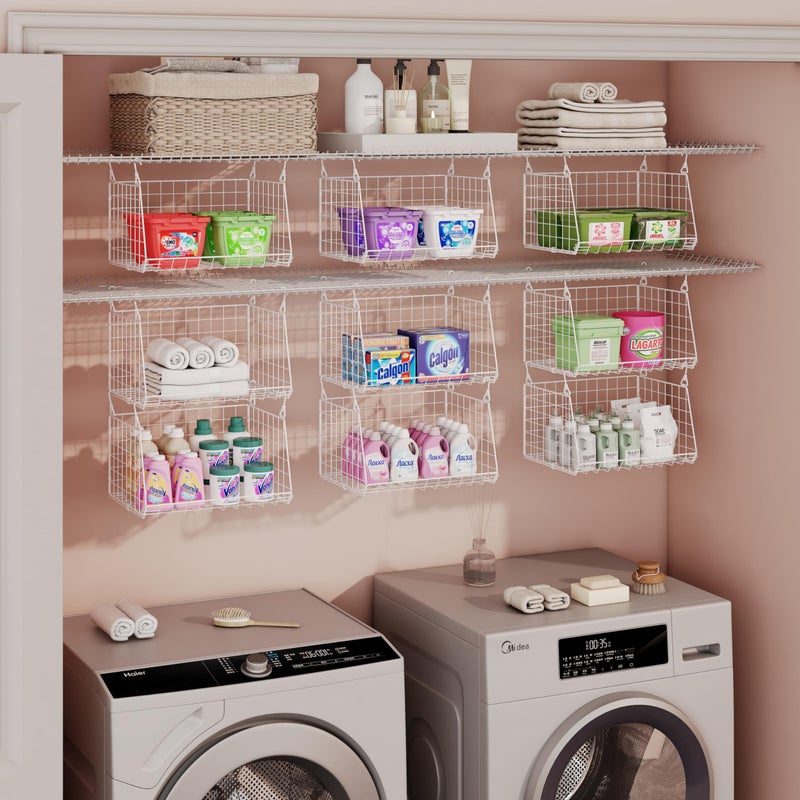Sonyabecca 3-Tier Hanging Laundry Basket Organizerï¼šFoldable Wire Shelf Laundry Room Organizer with 360Â°Rotating Hooks Small Space Solutions Pantry Baskets - Laundry Organization, White Patent - Image 3
