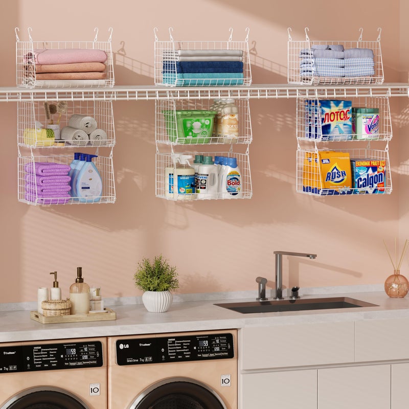 Sonyabecca 3-Tier Hanging Laundry Basket Organizerï¼šFoldable Wire Shelf Laundry Room Organizer with 360Â°Rotating Hooks Small Space Solutions Pantry Baskets - Laundry Organization, White Patent - Image 1