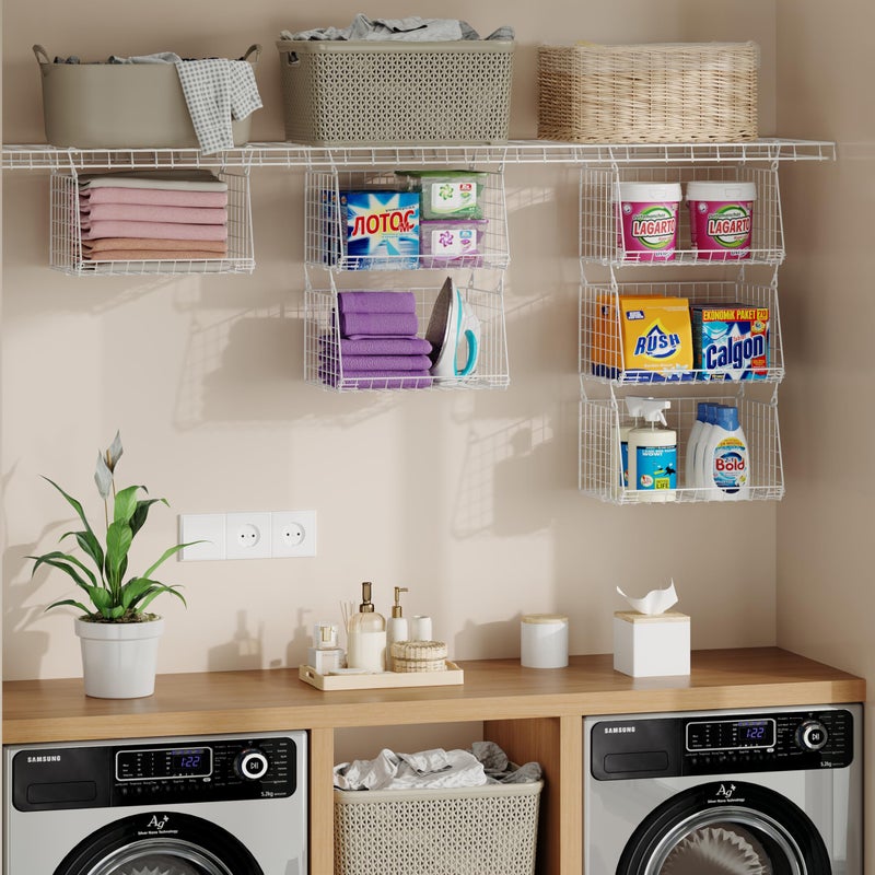 Sonyabecca 3-Tier Hanging Laundry Basket Organizerï¼šFoldable Wire Shelf Laundry Room Organizer with 360Â°Rotating Hooks Small Space Solutions Pantry Baskets - Laundry Organization, White Patent - Image 4