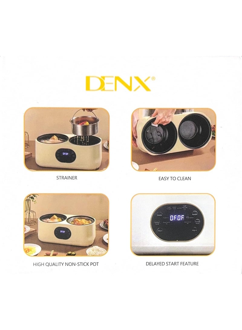 دينكس جهاز طهي كهربائي ذكي متعدد الوظائف DX3901 من دينكس بوعاء مزدوج غير لاصق سعة 1 لتر + 1 لتر، ويتميز بتسخين سريع ومؤقت، وهو مثالي لتحضير الحساء واليخنات والعصيدة بحجم صغير - Image 3