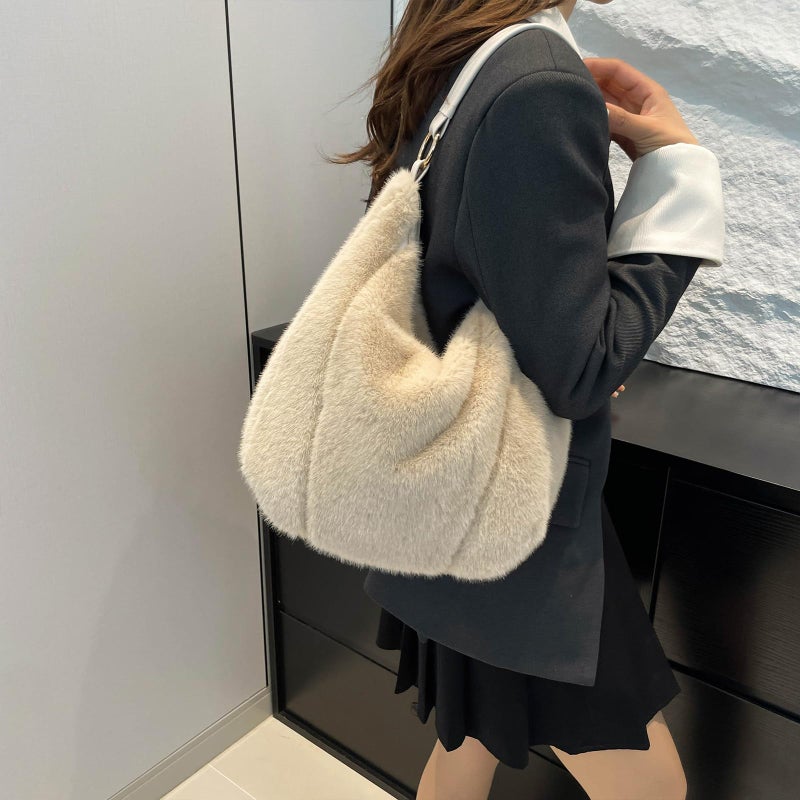 Extolove Fluffy Tote Bag Winter Fuzzy Purses for Women Faux Fur Bag with Strap Soft Furry Handbag Plush Crossbody Bags (Beige) - Image 2