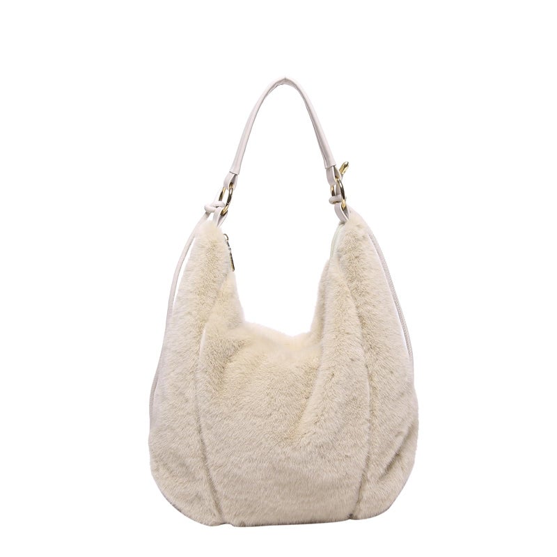 Extolove Fluffy Tote Bag Winter Fuzzy Purses for Women Faux Fur Bag with Strap Soft Furry Handbag Plush Crossbody Bags (Beige) - Image 1