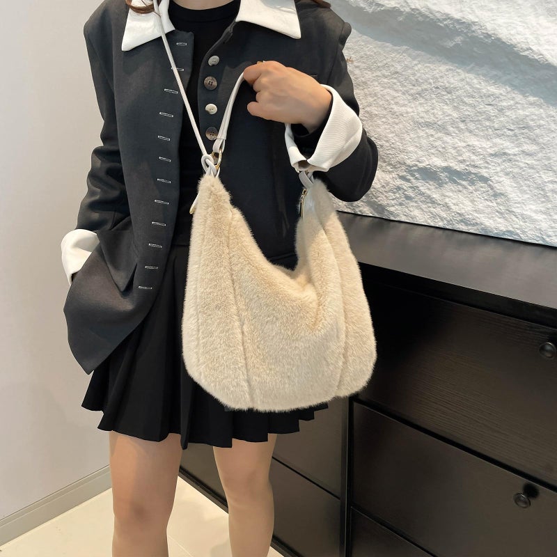 Extolove Fluffy Tote Bag Winter Fuzzy Purses for Women Faux Fur Bag with Strap Soft Furry Handbag Plush Crossbody Bags (Beige) - Image 3