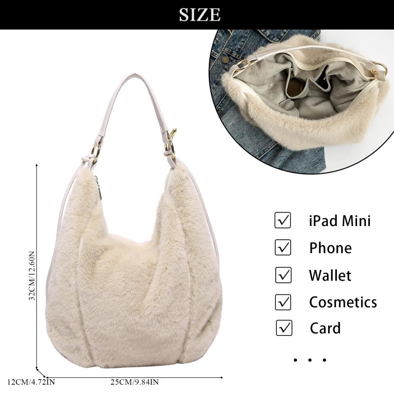 Extolove Fluffy Tote Bag Winter Fuzzy Purses for Women Faux Fur Bag with Strap Soft Furry Handbag Plush Crossbody Bags (Beige) - Image 4