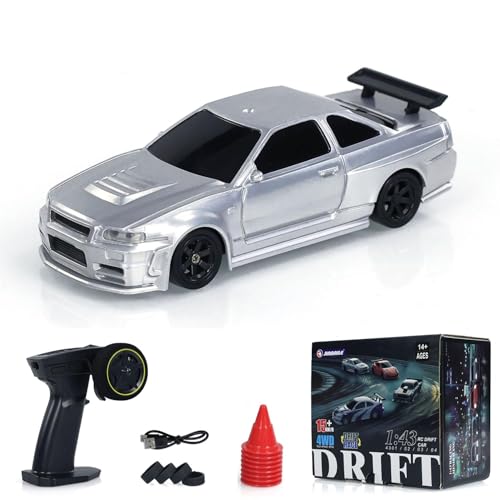 FEXXA 1/43 Scale RC Drift Race Car Gyro 4WD Ready to Go Mini Remote Control Car High Speed Model (1:43 RC Drift Nissan GT-R R34-SILVER) - Image 1