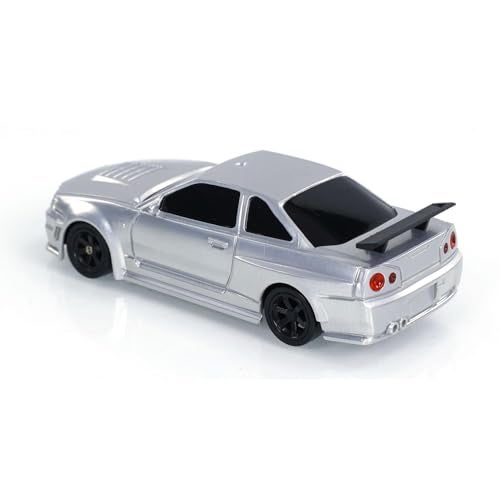 FEXXA 1/43 Scale RC Drift Race Car Gyro 4WD Ready to Go Mini Remote Control Car High Speed Model (1:43 RC Drift Nissan GT-R R34-SILVER) - Image 4
