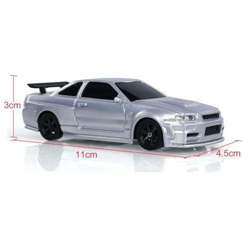 FEXXA 1/43 Scale RC Drift Race Car Gyro 4WD Ready to Go Mini Remote Control Car High Speed Model (1:43 RC Drift Nissan GT-R R34-SILVER) - Image 2