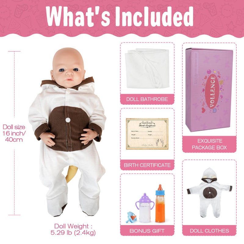 Vollence 16 inch Reborn Baby Doll Girl Silicone Doll Realistic Newborn Baby Dolls with Feeding Accessories & Gift Box for Kids - Girl - Image 5