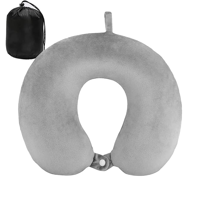 ink craft Pure Memory Foam Neck Pillow Airplane Bus Car Travel Pillow UShaped Super Lightweight Portable Headrest Pillow Removable Foam Washable Pillow Gray - Image 1