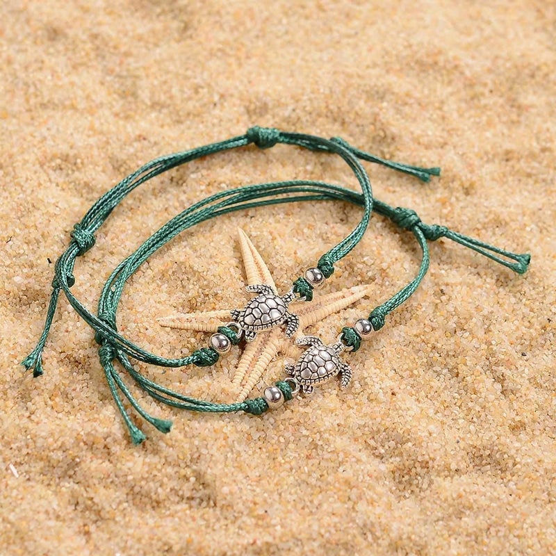 SUNSH 2Pcs Sea Turtle Anklets Bracelets for Teen Girls Kids Couple Women BFF Adjustable Friendship Wish Card Handmade Rope Anklet Jewelry Gifts - Image 4
