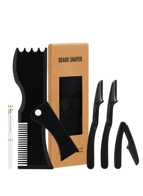Beard Shaper Kit Including 1 Adjustable Shaper 1 Barber Pencil 3 Razors 1 Beard Trimming Scissor Complete Shaping and Styling Tool for Men Gift