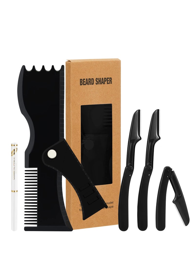 Beard Shaper Kit Including 1 Adjustable Shaper 1 Barber Pencil 3 Razors 1 Beard Trimming Scissor Complete Shaping and Styling Tool for Men Gift