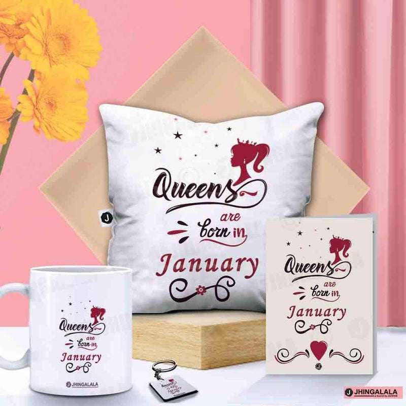 Jhingalala Jhingalala Queens are Born in January Printed Cushion Mug Key Chain Greeting Card Combo Gift Pack Gift for Sister Gift for Wife Gift for Daughter Gift for Girlfriend Gift for Birthday Gift for Girls - Image 1