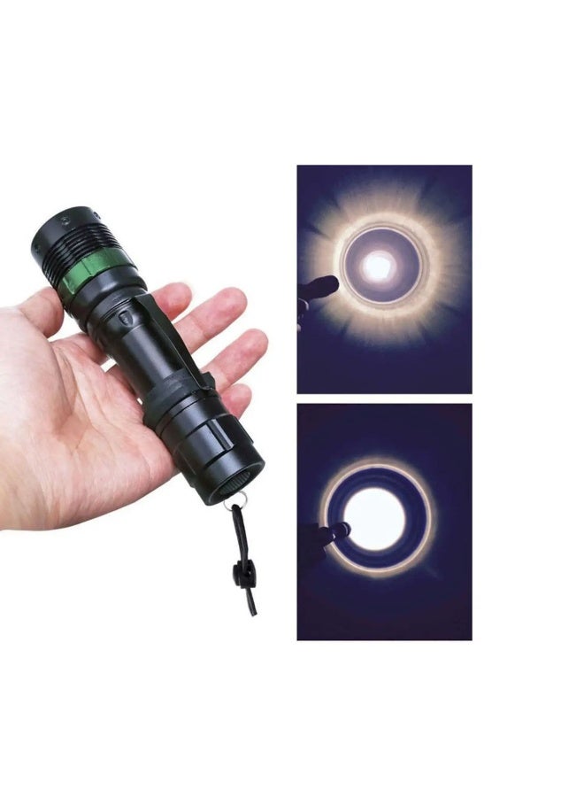 كشاف LED قابل للتكبير عالي السطوع مع بطارية قابلة لإعادة الشحن وشاحن وقاعدة تثبيت للدراجات – مناسب للطوارئ والرحلات والتخييم - Image 1