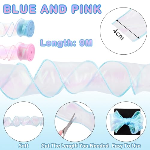 Zytiqt Ribbon Roll, Organza Ribbon for Gift Wrapping, Craft Material, Pink and Blue, 9m x 4cm, 2 Rolls, Ideal for Decoration and Hair Accessories - Image 2