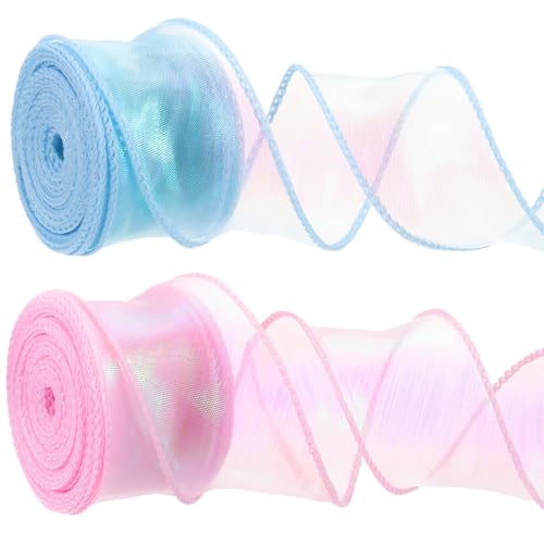 Zytiqt Ribbon Roll, Organza Ribbon for Gift Wrapping, Craft Material, Pink and Blue, 9m x 4cm, 2 Rolls, Ideal for Decoration and Hair Accessories - Image 1