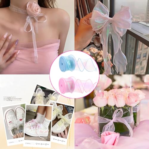 Zytiqt Ribbon Roll, Organza Ribbon for Gift Wrapping, Craft Material, Pink and Blue, 9m x 4cm, 2 Rolls, Ideal for Decoration and Hair Accessories - Image 4