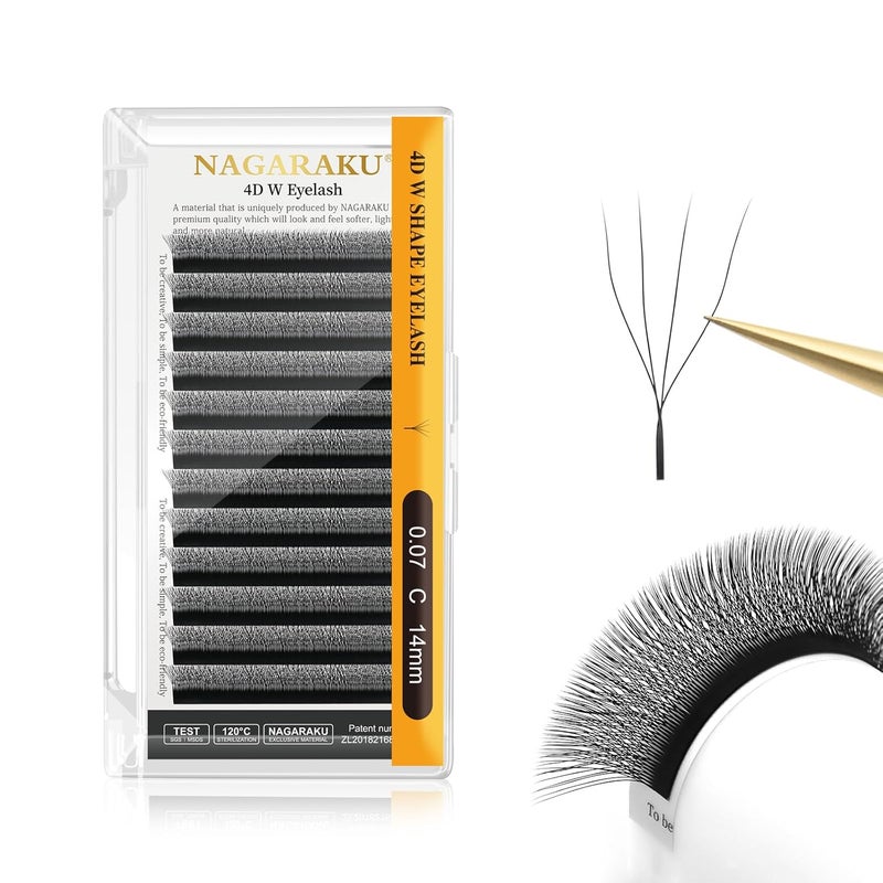 NAGARAKU 4D W Eyelash Extension 007mm 4D Volume Matte Black Premade Cluster Fans pre Fanned yy Eye Lashes 14mm 007 C - Image 1