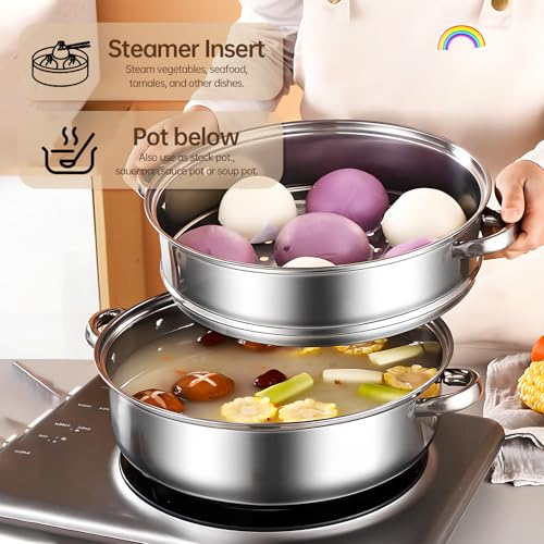 YCWSPEMR 3-Tier Stainless Steel Steamer Pot with Lid, Multipurpose Steam Pots for Cooking, Vegetable & Dumpling Steamer Set with Durable Handles and Glass Lid for Fish, Meat, and Seafood - Image 3