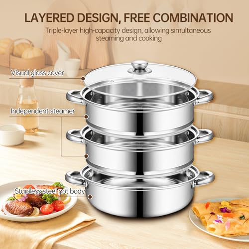 YCWSPEMR 3-Tier Stainless Steel Steamer Pot with Lid, Multipurpose Steam Pots for Cooking, Vegetable & Dumpling Steamer Set with Durable Handles and Glass Lid for Fish, Meat, and Seafood - Image 4