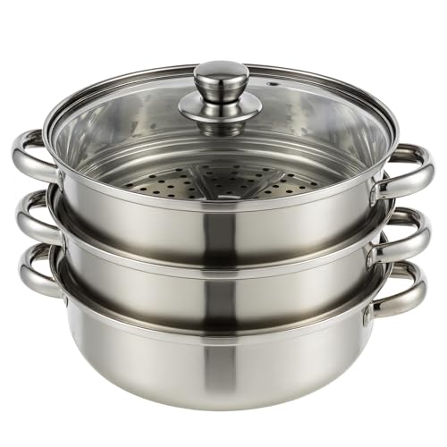 YCWSPEMR 3-Tier Stainless Steel Steamer Pot with Lid, Multipurpose Steam Pots for Cooking, Vegetable & Dumpling Steamer Set with Durable Handles and Glass Lid for Fish, Meat, and Seafood - Image 1