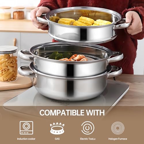 YCWSPEMR 3-Tier Stainless Steel Steamer Pot with Lid, Multipurpose Steam Pots for Cooking, Vegetable & Dumpling Steamer Set with Durable Handles and Glass Lid for Fish, Meat, and Seafood - Image 5