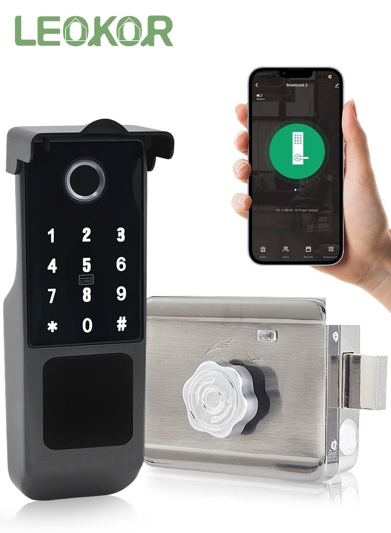 LEOKOR Smart Door Lock, 5-in-1 Keyless Entry Fingerprint Door Lock, Outdoor Courtyard WIFI Electronic Lock, Remote Control with Tuya APP, Fingerprint Entry, Passwords, 2 Keys, 2 RFID Cards, IP65 Waterproof  - Image 1