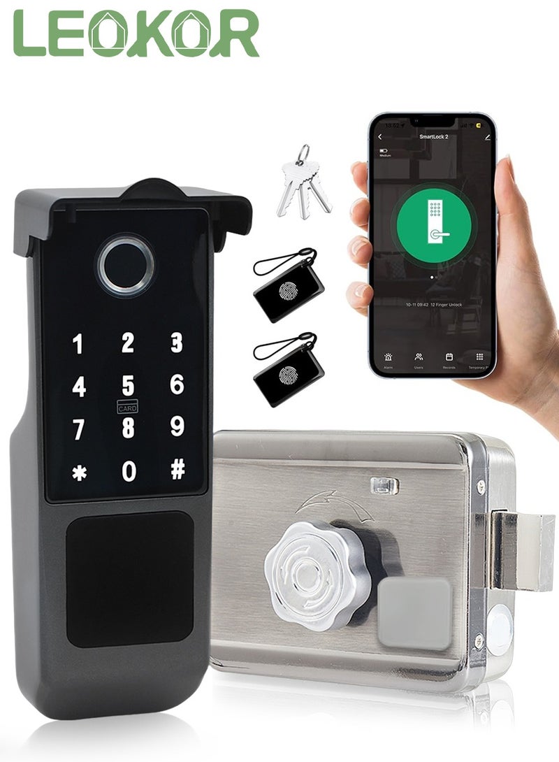 LEOKOR Smart Door Lock, 5-in-1 Keyless Entry Fingerprint Door Lock, Outdoor Courtyard WIFI Electronic Lock, Remote Control with Tuya APP, Fingerprint Entry, Passwords, 2 Keys, 2 RFID Cards, IP65 Waterproof - Image 1