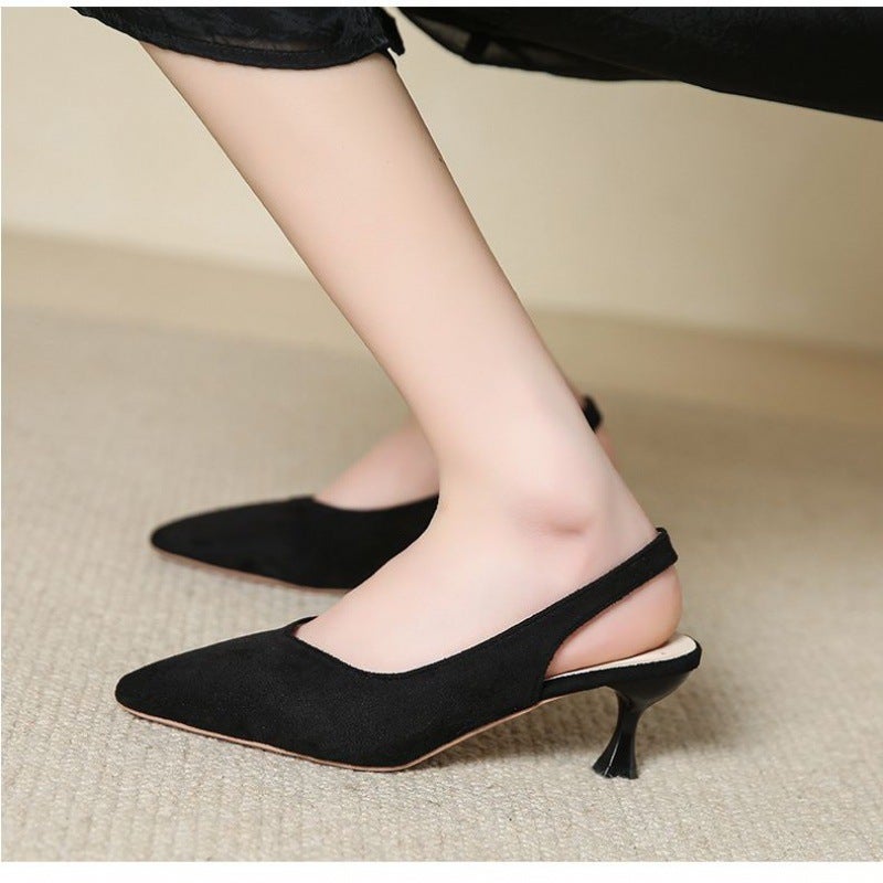 2024 Summer Fashion Pointed-Toe Sandals White Mid-Heel Fairy Shoes for Skirts Black-suede