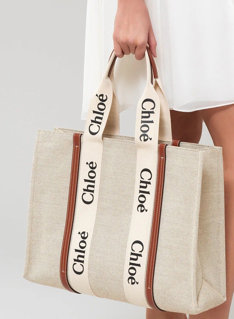 Chloe Woody Medium Women Tote Bag in Linen, Women Shoulder Bag, Women Hand Bag, Women's Travel Bag, Women's Shopping Bag, White-Brown - Image 2