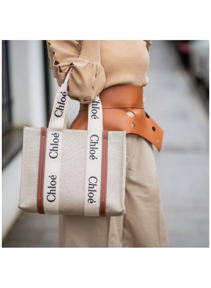 Chloe Woody Medium Women Tote Bag in Linen, Women Shoulder Bag, Women Hand Bag, Women's Travel Bag, Women's Shopping Bag, White-Brown - Image 3