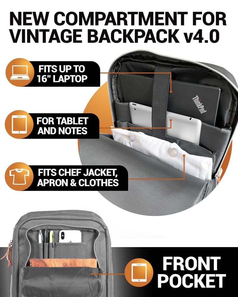Chef Sac Chef Knife Bag Vintage Backpack VINTAGE, Professional Knife Carrying Case for Chefs & Culinary Students, 30+ Pockets, Holds 10" Knives, Water-Resistant 600D Material (Heather Grey) - Image 4