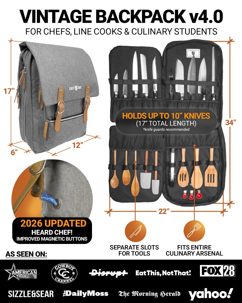 Chef Sac Chef Knife Bag Vintage Backpack VINTAGE, Professional Knife Carrying Case for Chefs & Culinary Students, 30+ Pockets, Holds 10" Knives, Water-Resistant 600D Material (Heather Grey) - Image 2
