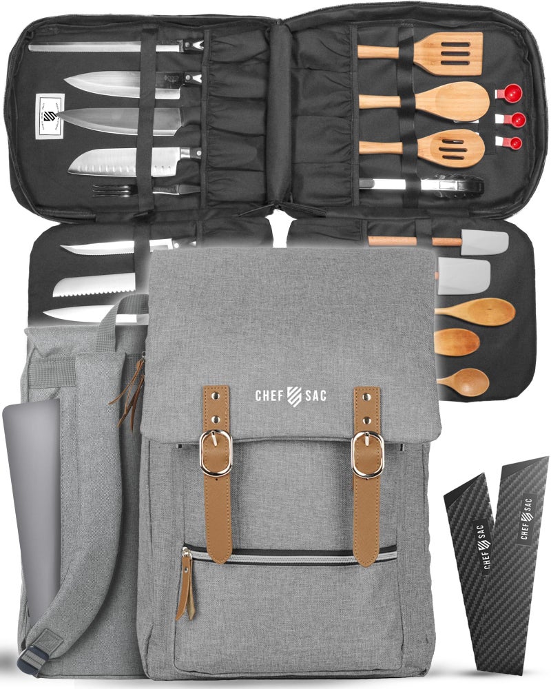 Chef Sac Chef Knife Bag Vintage Backpack VINTAGE, Professional Knife Carrying Case for Chefs & Culinary Students, 30+ Pockets, Holds 10" Knives, Water-Resistant 600D Material (Heather Grey) - Image 1