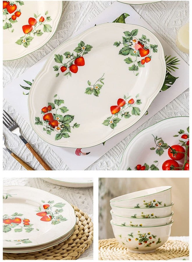 RockTrend Retro Strawberry Pattern Ceramic Dinnerware Set - Steak, Salad, Dessert Plates - Oval - Image 4