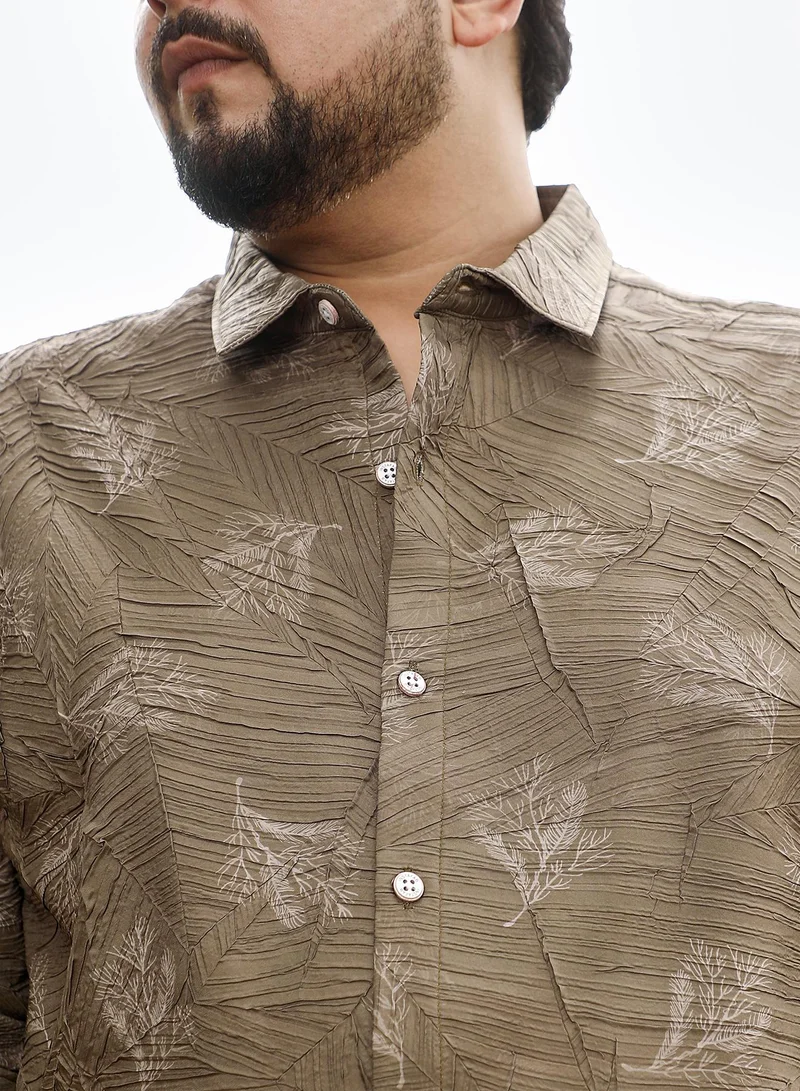 Instafab Plus  Instafab Plus Men Twig-Imprint Foliage-Tactile Shirt | Spread Collar , Long Cuffed Sleeves | Button Closure , Curved Hem | Floral Print Textured | Woven Fabric For Casual & Evening Wear | Ash Brown for Men | Best Price UAE