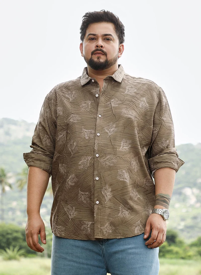 Instafab Plus Instafab Plus Men Twig-Imprint Foliage-Tactile Shirt | Spread Collar , Long Cuffed Sleeves | Button Closure , Curved Hem | Floral Print Textured | Woven Fabric For Casual & Evening Wear | Ash Brown