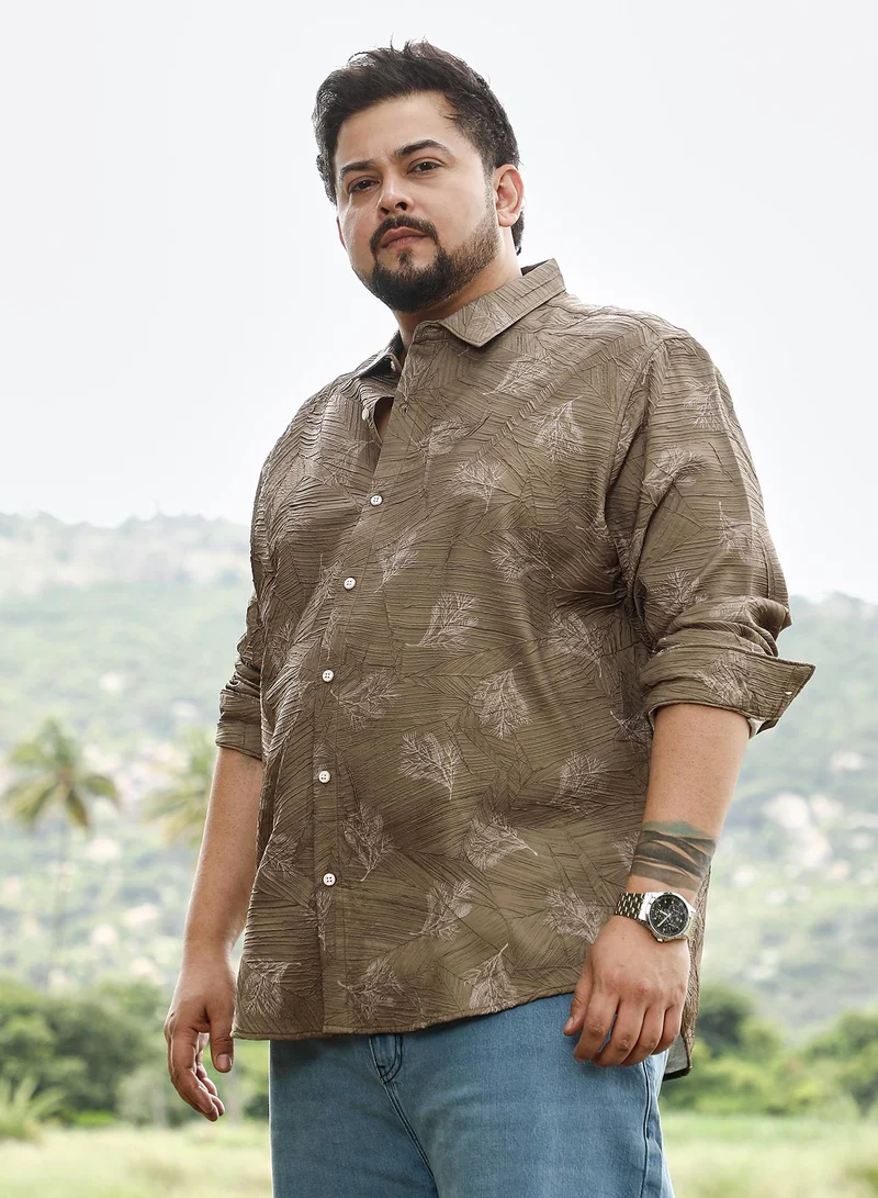 Instafab Plus  Instafab Plus Men Twig-Imprint Foliage-Tactile Shirt | Spread Collar , Long Cuffed Sleeves | Button Closure , Curved Hem | Floral Print Textured | Woven Fabric For Casual & Evening Wear | Ash Brown for Men | Best Price UAE